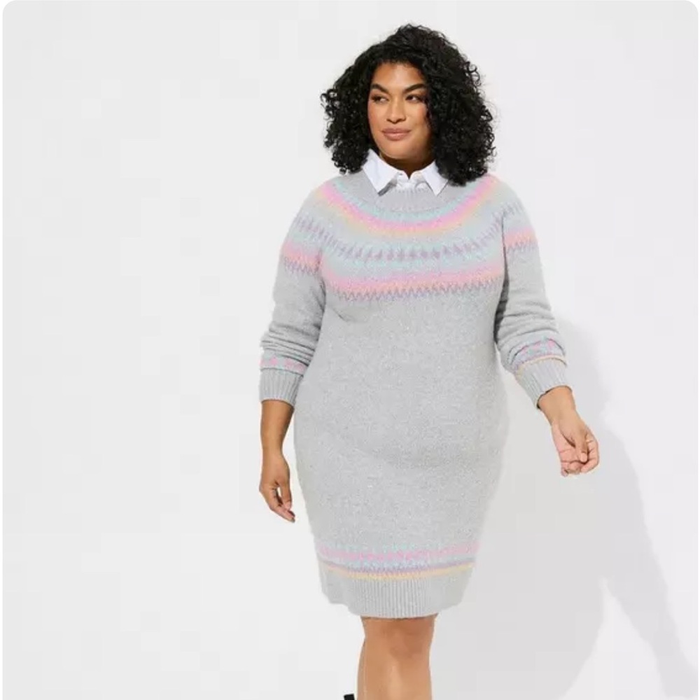 torrid Mini Vegan Cashmere Mock Neck Sweater Pastel Fair Isle Grey Size 1X